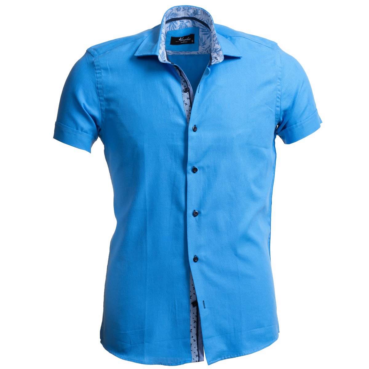 European Tailored Slim Fit Soft Cotton Men's Blue Short Sleeve Button Up Shirt - Amedeo Exclusive