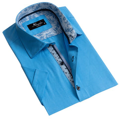 European Tailored Slim Fit Soft Cotton Men's Blue Short Sleeve Button Up Shirt - Amedeo Exclusive