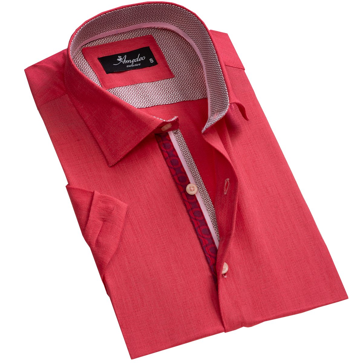 Solid Bright Red Men's Short Sleeve Button up Shirts - Tailored Slim