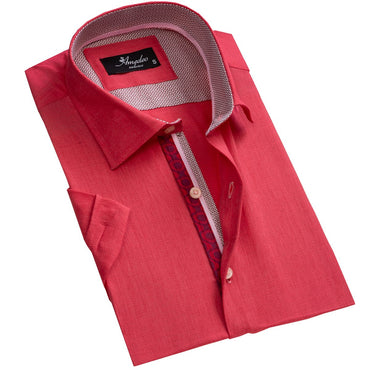 Men's Button down Tailor Fit Soft 100% Cotton Short Sleeve Dress Shirt Solid Bright Red casual And Formal - Amedeo Exclusive