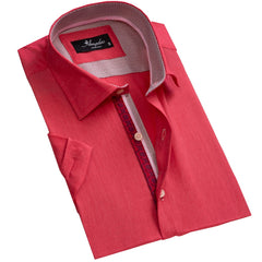 Men's Button down Tailor Fit Soft 100% Cotton Short Sleeve Dress Shirt Solid Bright Red casual And Formal - Amedeo Exclusive