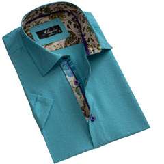 Men's Button down Tailor Fit Soft 100% Cotton Short Sleeve Dress Shirt Solid Turquoise Blue casual And Formal - Amedeo Exclusive