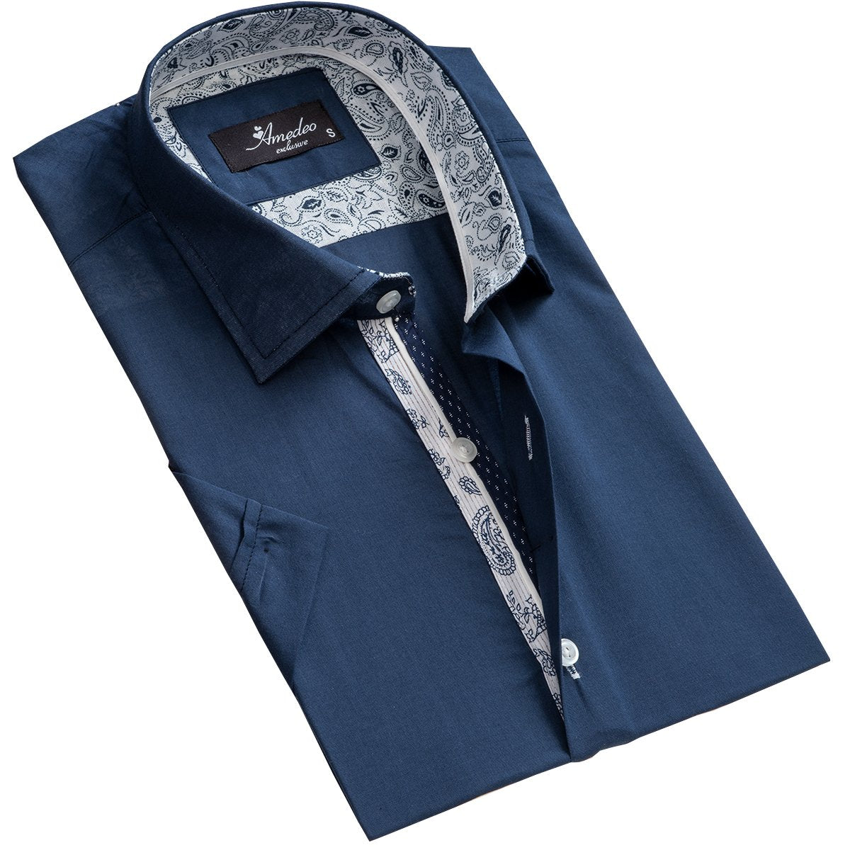 Men's Button down Tailor Fit Soft 100% Cotton Short Sleeve Dress Shirt Solid Navy Blue casual And Formal - Amedeo Exclusive