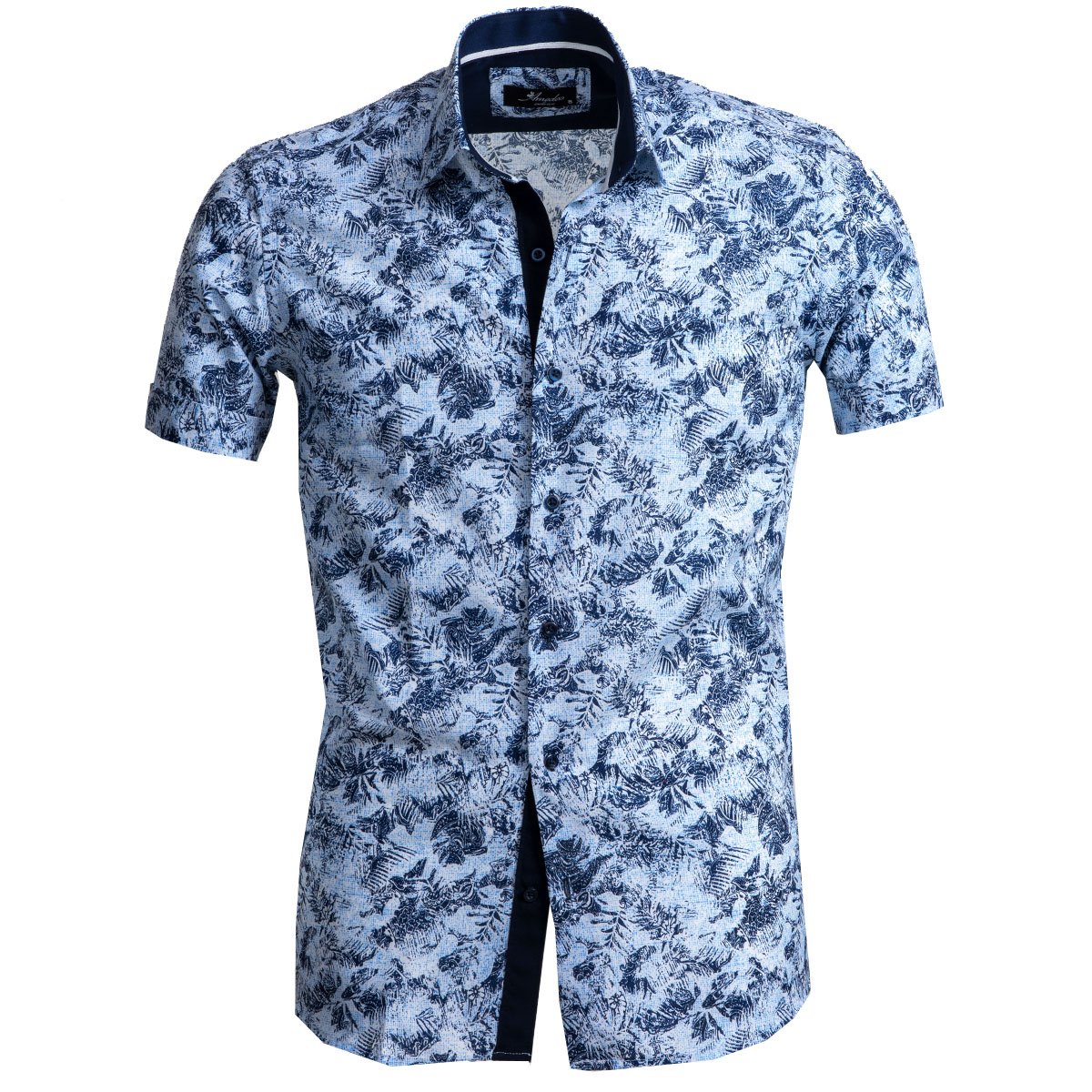 Men's Button down Tailor Fit Soft 100% Cotton Short Sleeve Dress Shirt Light Blue Floral Paisley casual And Formal - Amedeo Exclusive