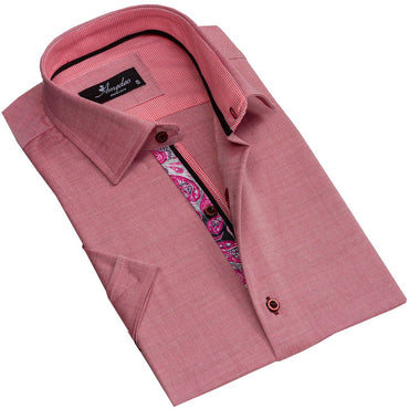 Men's Button down Tailor Fit Soft 100% Cotton Short Sleeve Dress Shirt Solid Pink Paisley casual And Formal - Amedeo Exclusive