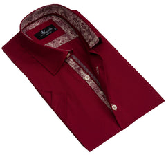 Men's Button down Tailor Fit Soft 100% Cotton Short Sleeve Dress Shirt Solid Burgundy casual And Formal - Amedeo Exclusive