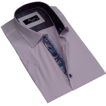 Men's Button down Tailor Fit Soft 100% Cotton Short Sleeve Dress Shirt Solid Light Purple casual And Formal - Amedeo Exclusive