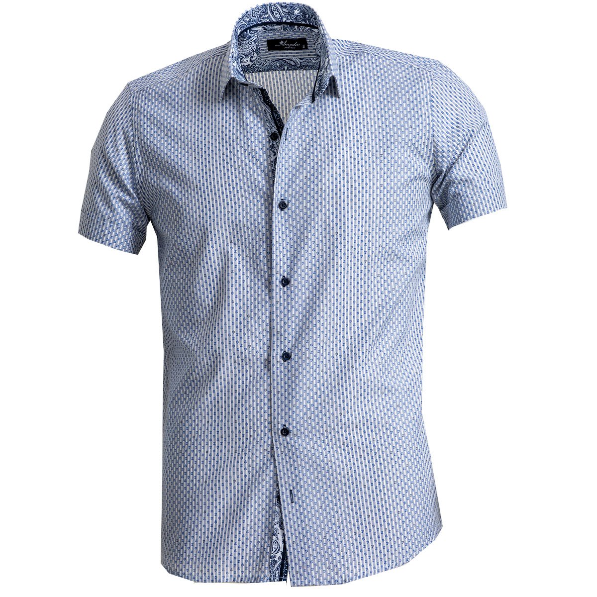 Men's Button down Tailor Fit Soft 100% Cotton Short Sleeve Dress Shirt Blue Grey casual And Formal - Amedeo Exclusive