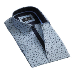 Men's Button down Tailor Fit Soft 100% Cotton Short Sleeve Dress Shirt Light Blue Floral casual And Formal - Amedeo Exclusive