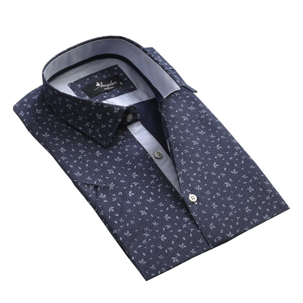 Men's Button down Tailor Fit Soft 100% Cotton Short Sleeve Dress Shirt Blue Dotted Floral casual And Formal - Amedeo Exclusive