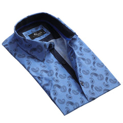 Men's Button down Tailor Fit Soft 100% Cotton Short Sleeve Dress Shirt Denim Blue Paisley casual And Formal - Amedeo Exclusive