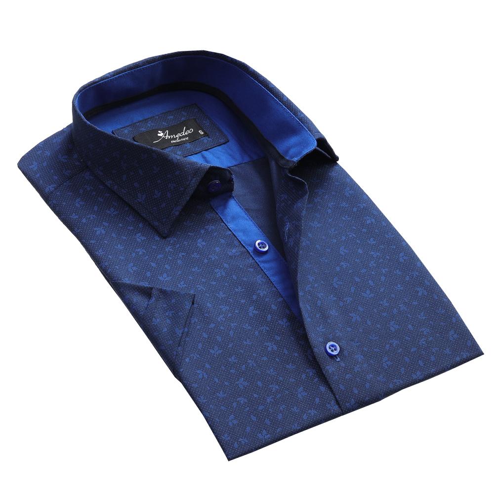 Men's Button down Tailor Fit Soft 100% Cotton Short Sleeve Dress Shirt Dark Blue Floral casual And Formal - Amedeo Exclusive
