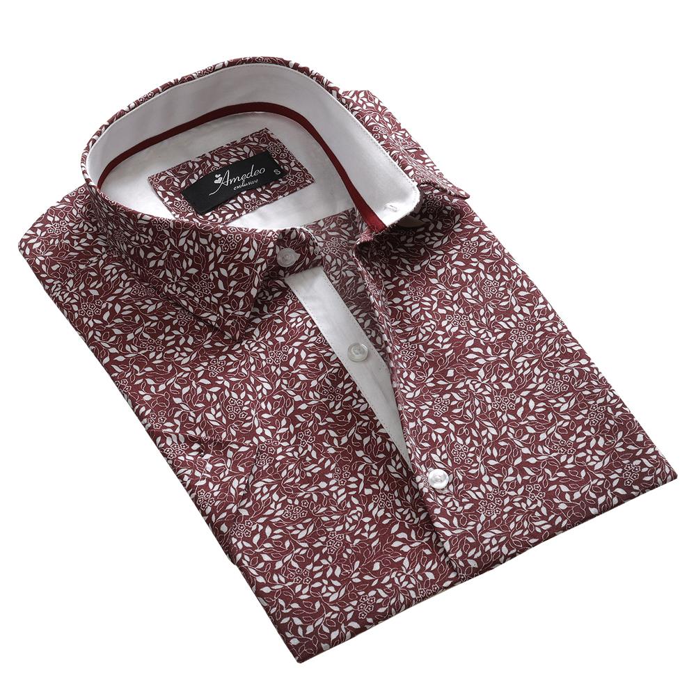 Men's Button down Tailor Fit Soft 100% Cotton Short Sleeve Dress Shirt Burgandy Floral casual And Formal - Amedeo Exclusive