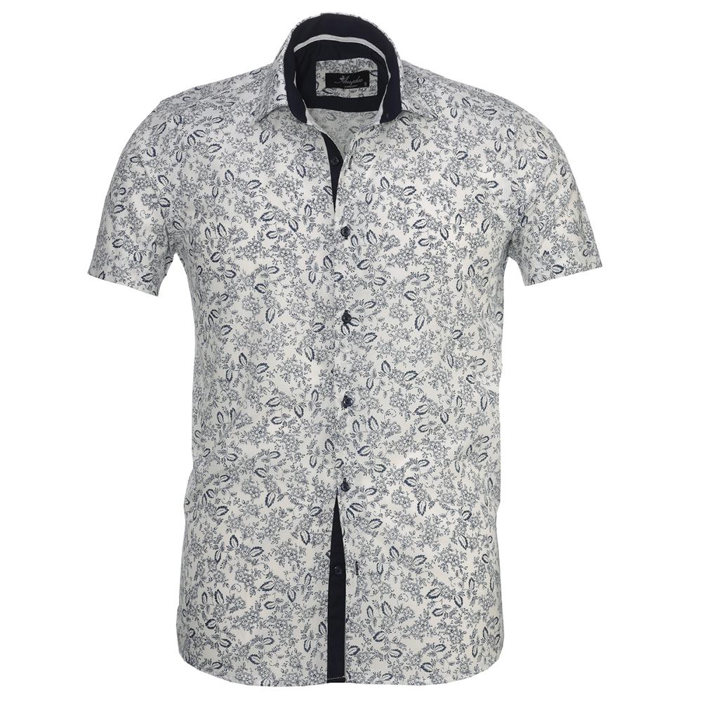 Men's Button down Tailor Fit Soft 100% Cotton Short Sleeve Dress Shirt White Navy Blue Floral casual And Formal - Amedeo Exclusive