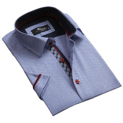 Men's Button down Tailor Fit Soft 100% Cotton Short Sleeve Dress Shirt Light Blue Check casual And Formal - Amedeo Exclusive