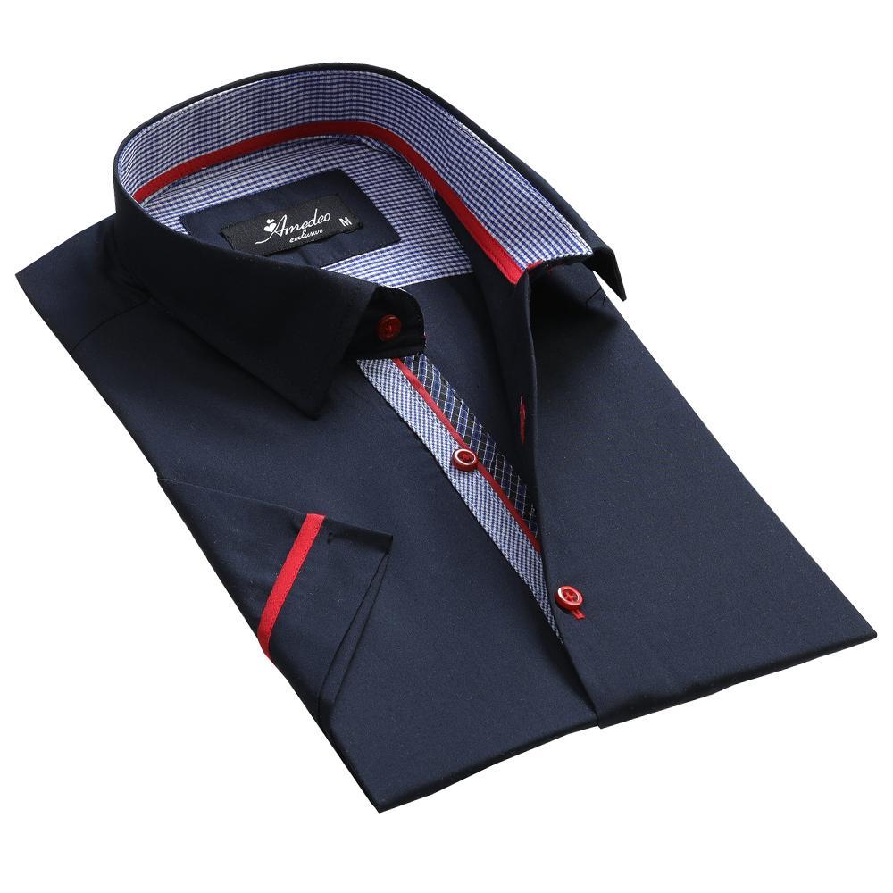 Men's Button down Tailor Fit Soft 100% Cotton Short Sleeve Dress Shirt Solid Navy Blue casual And Formal - Amedeo Exclusive