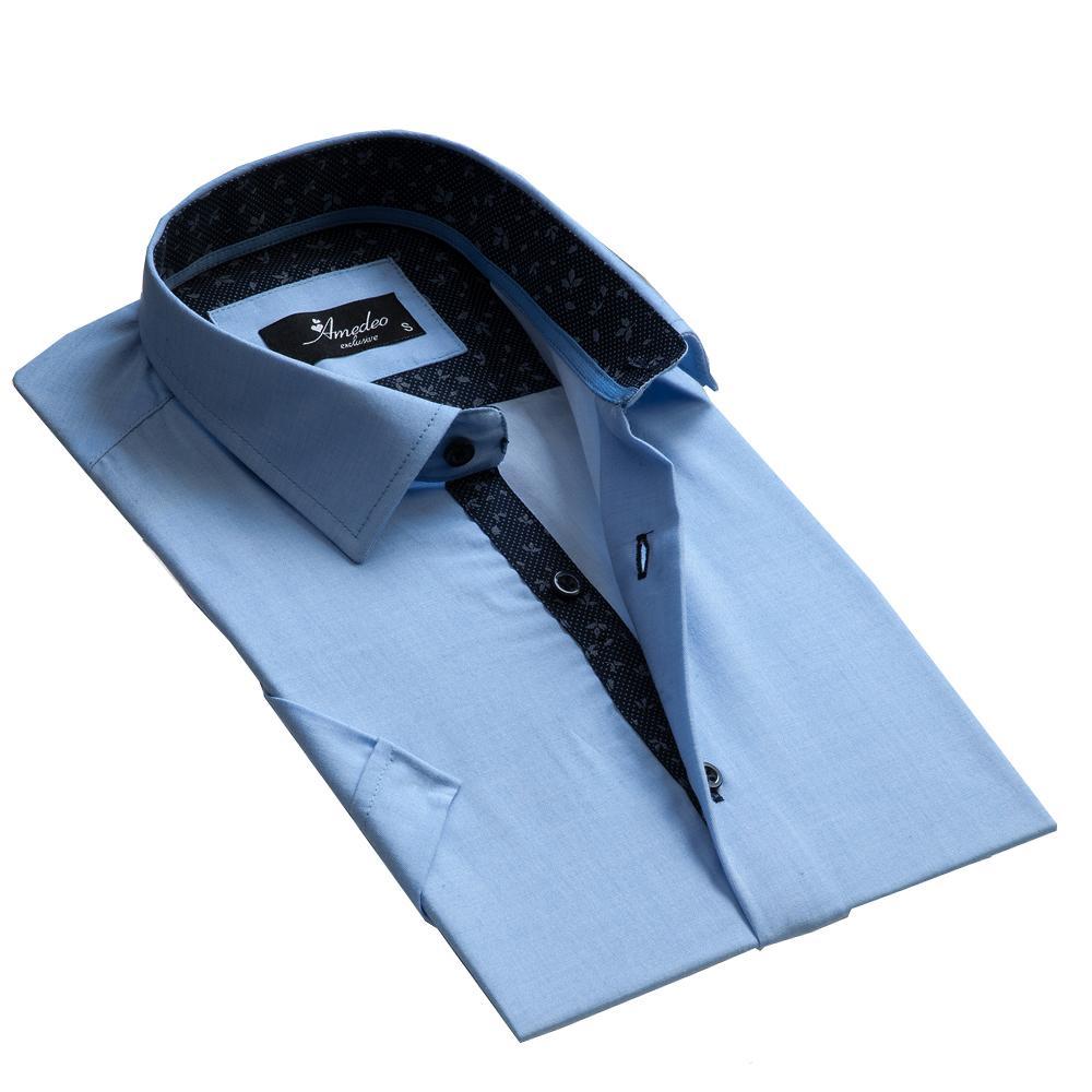 Men's Button down Tailor Fit Soft 100% Cotton Short Sleeve Dress Shirt Solid Light Blue casual And Formal - Amedeo Exclusive
