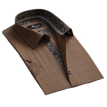 Men's Button down Tailor Fit Soft 100% Cotton Short Sleeve Dress Shirt Light Brown casual And Formal - Amedeo Exclusive
