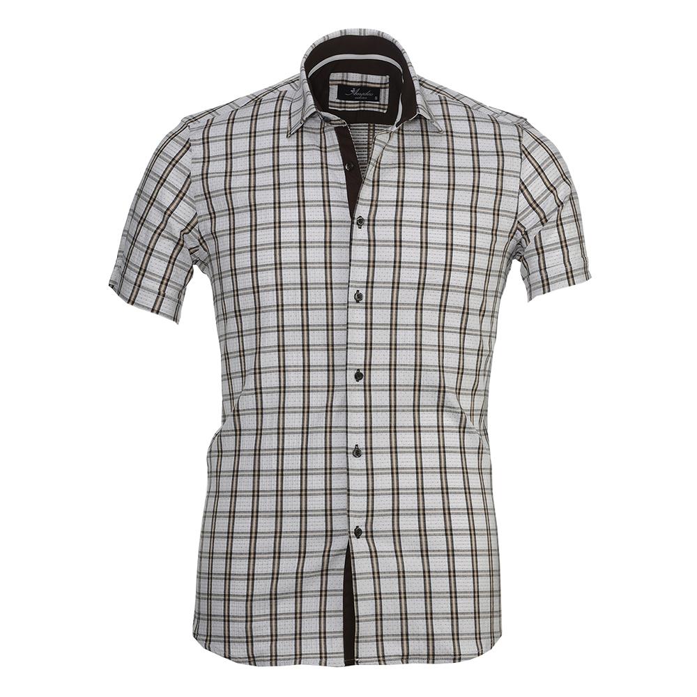 Men's Button down Tailor Fit Soft 100% Cotton Short Sleeve Dress Shirt White Check casual And Formal - Amedeo Exclusive