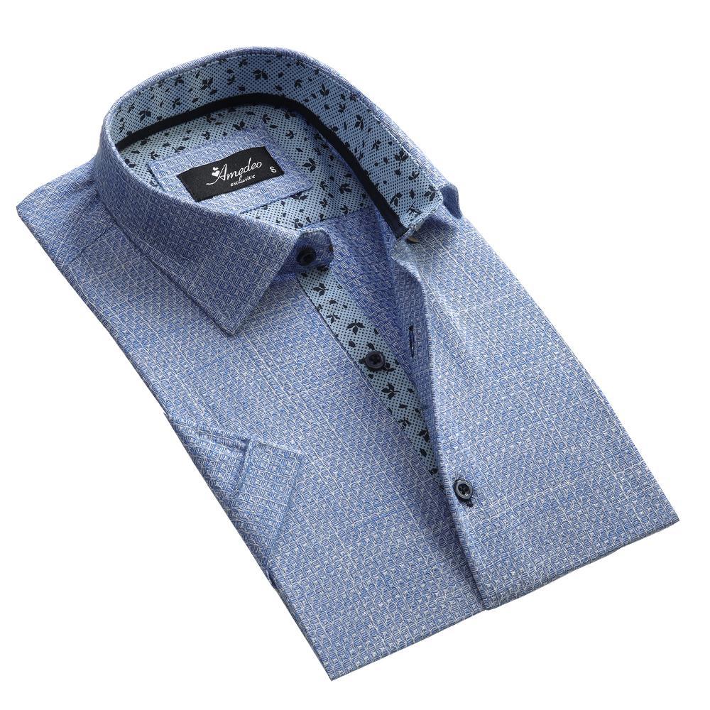 Men's Button down Tailor Fit Soft 100% Cotton Short Sleeve Dress Shirt Blue White Squares casual And Formal - Amedeo Exclusive