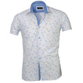 Men's Button down Tailor Fit Soft 100% Cotton Short Sleeve Dress Shirt White with Light Blue Floral casual And Formal - Amedeo Exclusive