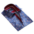 Men's Button down Tailor Fit Soft 100% Cotton Short Sleeve Dress Shirt Blue with Red Floral casual And Formal - Amedeo Exclusive