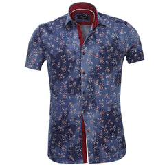 Men's Button down Tailor Fit Soft 100% Cotton Short Sleeve Dress Shirt Blue with Red Floral casual And Formal - Amedeo Exclusive