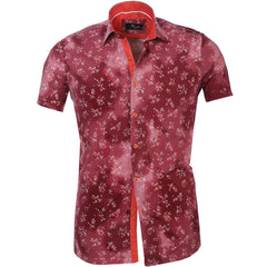 Men's Button down Tailor Fit Soft 100% Cotton Short Sleeve Dress Shirt Red with White Floral casual And Formal - Amedeo Exclusive