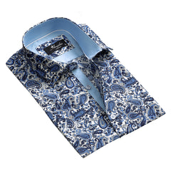 Men's Button down Tailor Fit Soft 100% Cotton Short Sleeve Dress Shirt White with Blue Paisley casual And Formal - Amedeo Exclusive