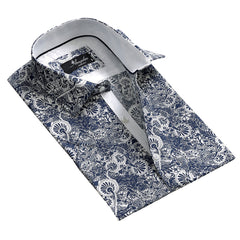 Men's Button down Tailor Fit Soft 100% Cotton Short Sleeve Dress Shirt White with Dark Blue Floral casual And Formal - Amedeo Exclusive