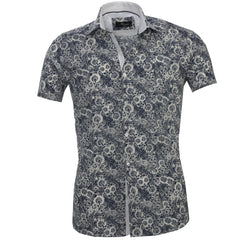 Men's Button down Tailor Fit Soft 100% Cotton Short Sleeve Dress Shirt White with Dark Blue Floral casual And Formal - Amedeo Exclusive