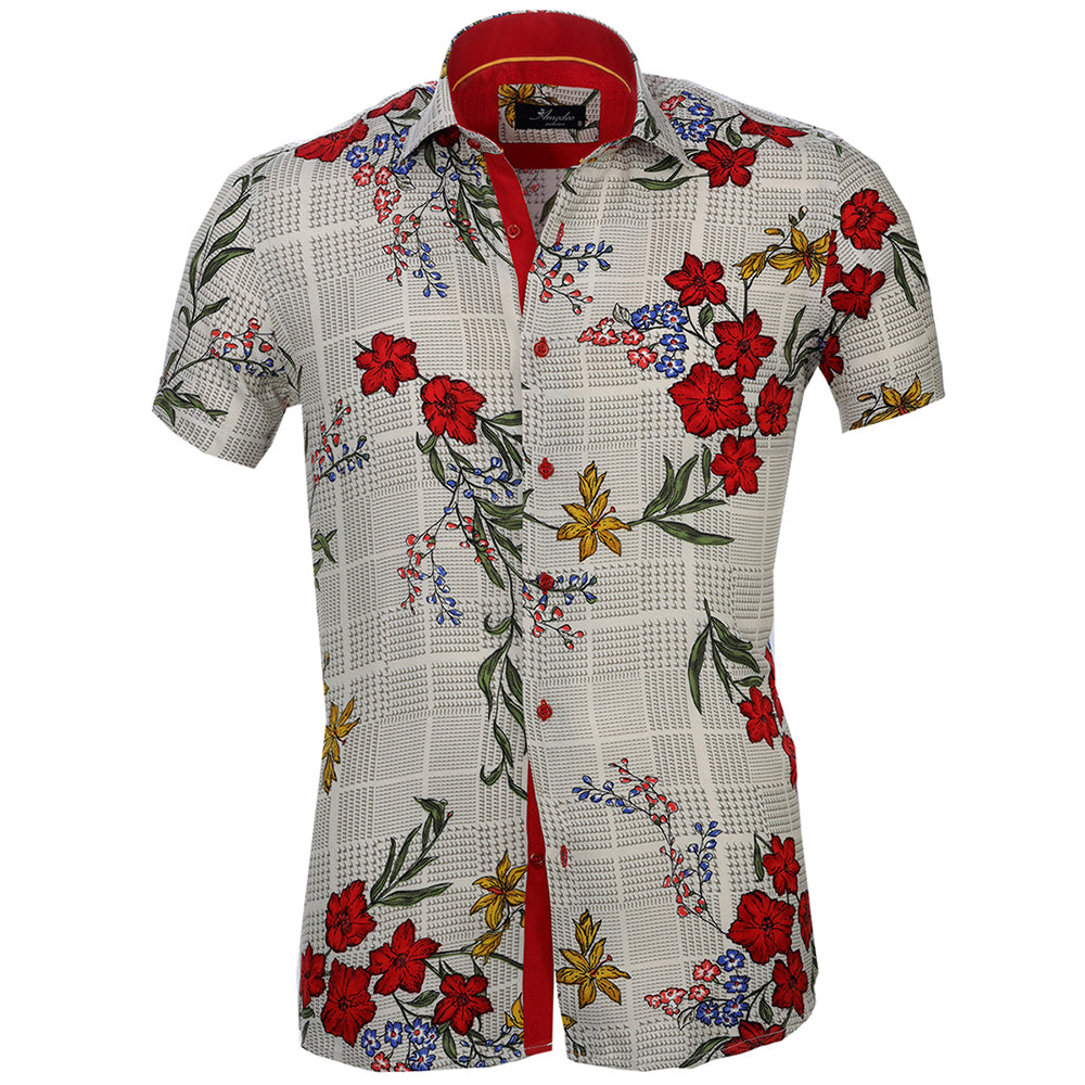 Men's Button down Tailor Fit Soft 100% Cotton Short Sleeve Dress Shirt Beige with Colorful Floral casual And Formal - Amedeo Exclusive