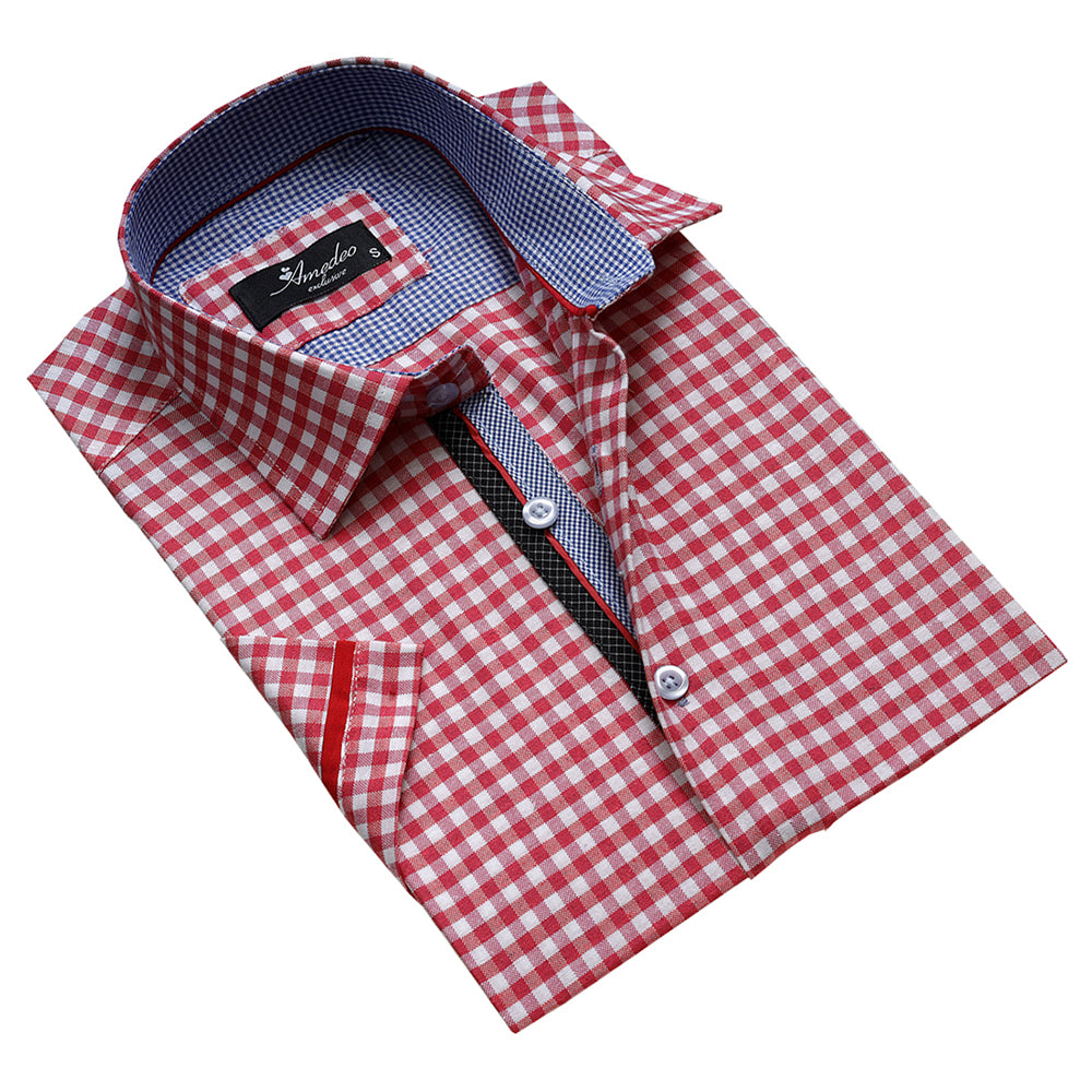 Men's Button down Tailor Fit Soft 100% Cotton Short Sleeve Dress Shirt Red White Checkered casual And Formal - Amedeo Exclusive