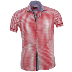 Men's Button down Tailor Fit Soft 100% Cotton Short Sleeve Dress Shirt Red White Checkered casual And Formal - Amedeo Exclusive