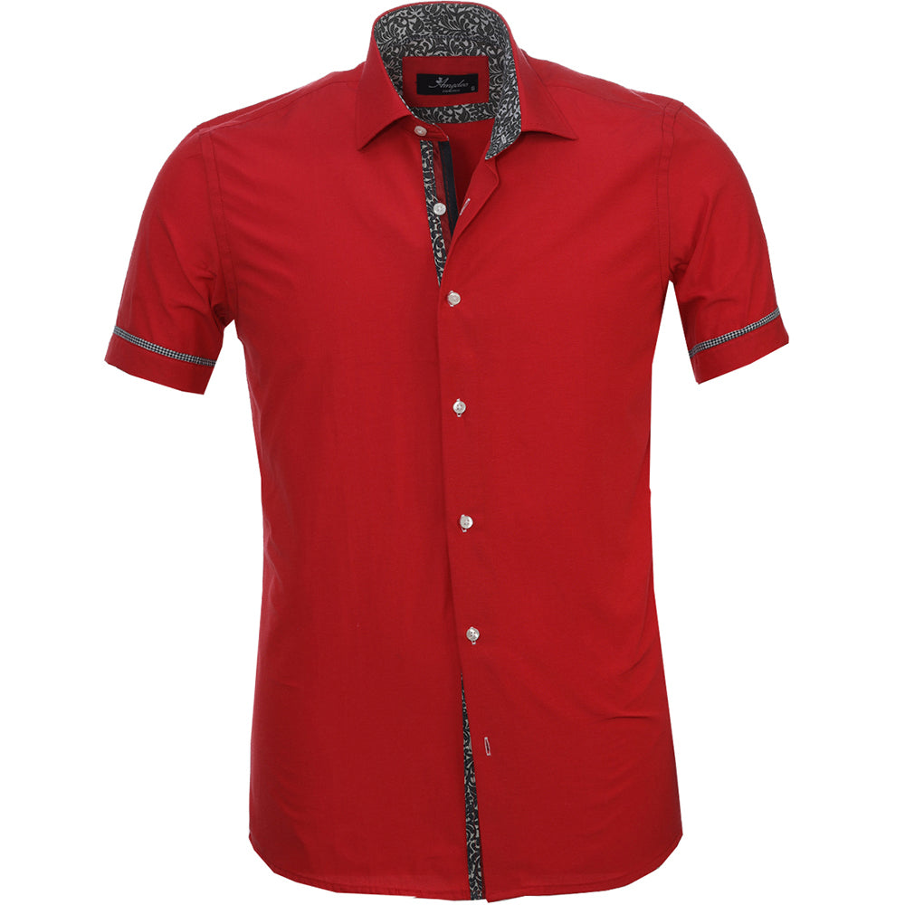 Men's Button down Tailor Fit Soft 100% Cotton Short Sleeve Dress Shirt Solid Red with Paisley casual And Formal - Amedeo Exclusive