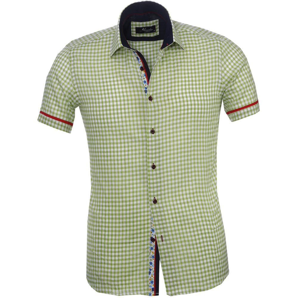 Men's Button down Tailor Fit Soft 100% Cotton Short Sleeve Dress Shirt Green White Checkered Floral casual And Formal - Amedeo Exclusive