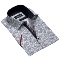 Men's Button down Tailor Fit Soft 100% Cotton Short Sleeve Dress Shirt White Black Floral Paisley casual And Formal - Amedeo Exclusive