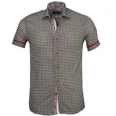 Men's Button down Tailor Fit Soft 100% Cotton Short Sleeve Dress Shirt Beige Black Checkered Paisley casual And Formal - Amedeo Exclusive