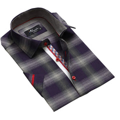 Men's Button down Tailor Fit Soft 100% Cotton Short Sleeve Dress Shirt Purple Grey Checkered casual And Formal - Amedeo Exclusive