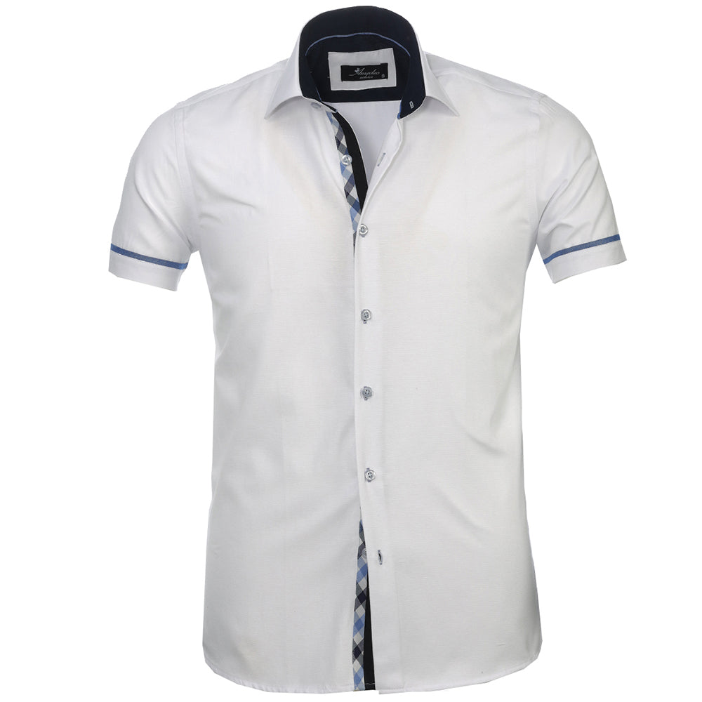 Men's Button down Tailor Fit Soft 100% Cotton Short Sleeve Dress Shirt Solid White Checkered casual And Formal - Amedeo Exclusive