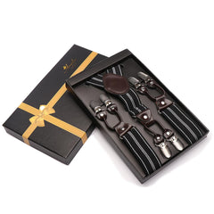 Men's Y Back Adjustable Strap Dual Clip Black with Grey Lines High Quality Premium Suspenders - Amedeo Exclusive