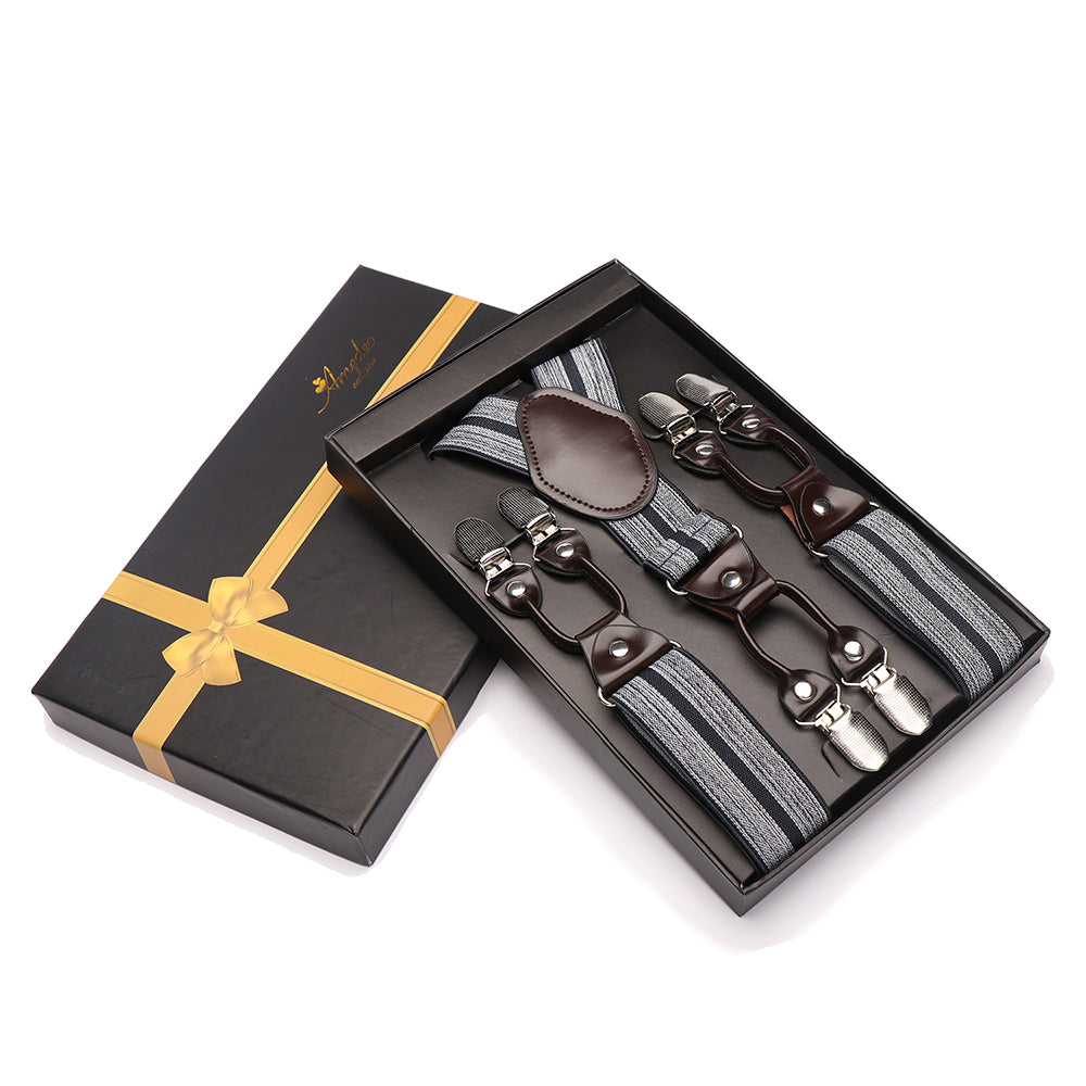 Men's Y Back -  Strap Dual Clip Grey High Quality Premium Suspenders - Amedeo Exclusive