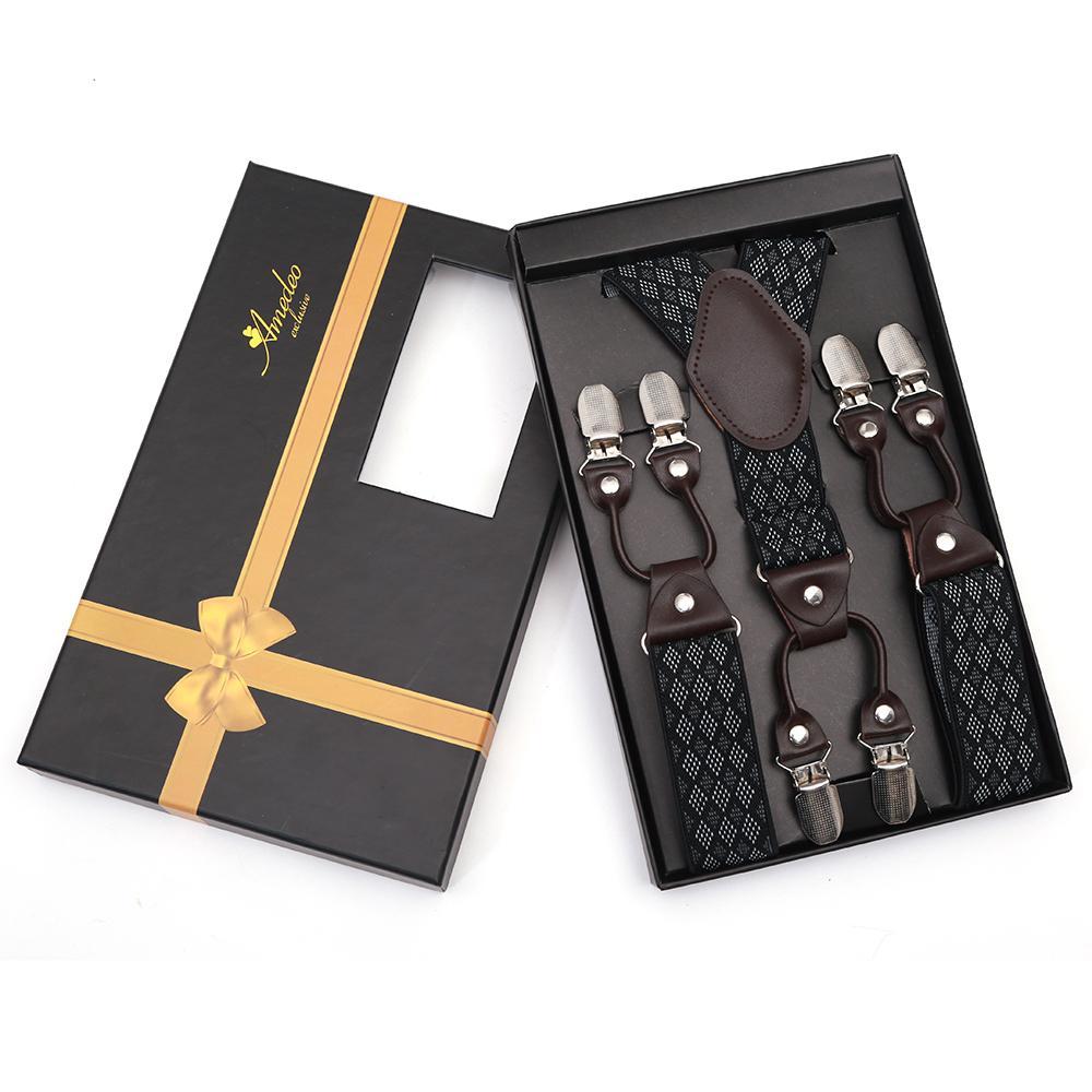 Men's Y Back Adjustable Strap Dual Clip Black Grey Checkers High Quality Premium Suspenders - Amedeo Exclusive