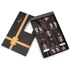 Men's Elastic Y Blue Beige Check Strap Dual Clip on High Quality Premium Suspenders - Amedeo Exclusive