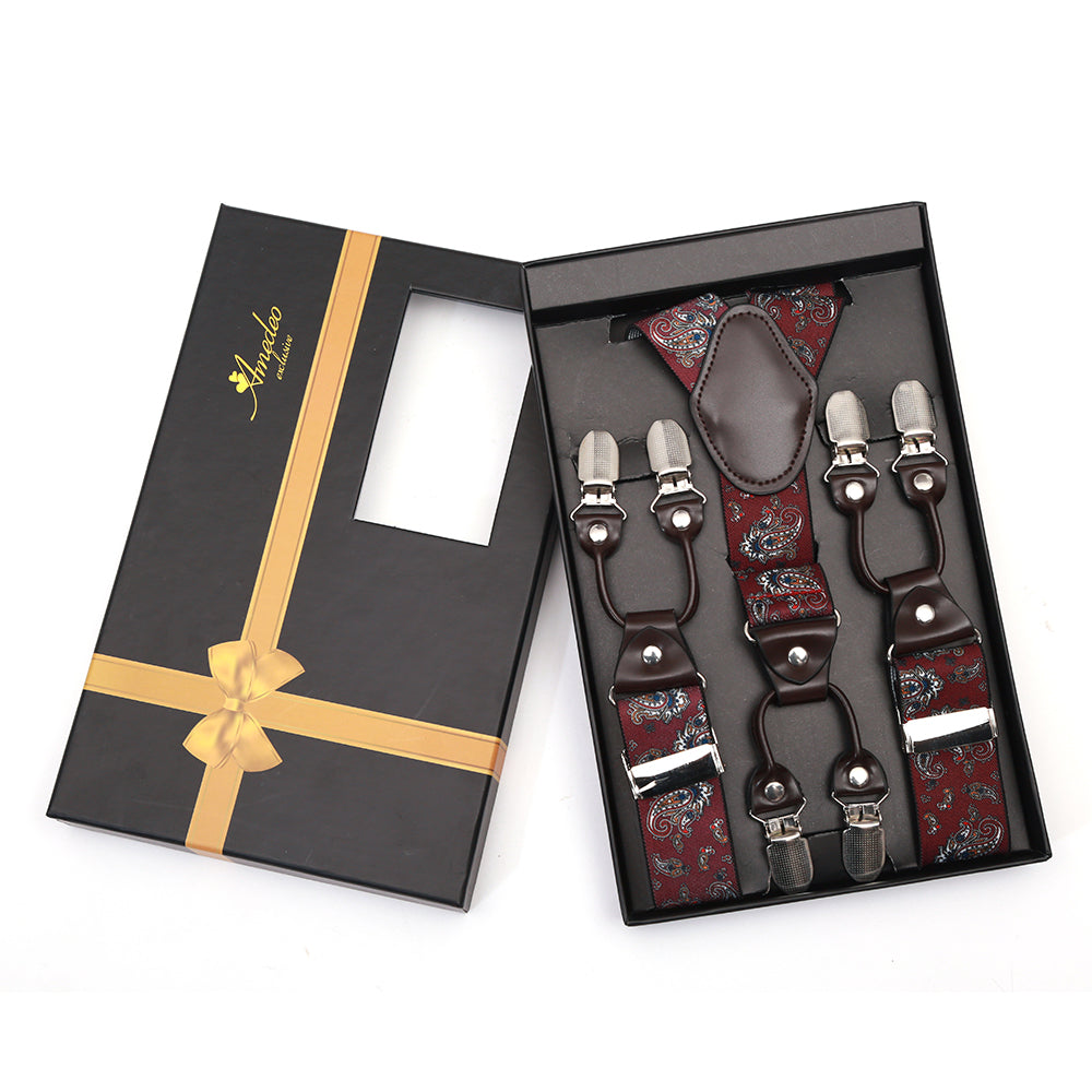 Men's Dual Clip Y Back  Strap Burgundy High Quality Premium Suspenders - Amedeo Exclusive