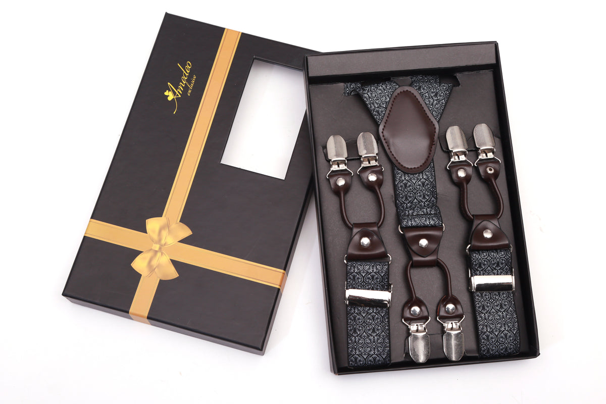 Men's Dual Clip Y Back Black Grey Floral High Quality Premium Suspenders - Amedeo Exclusive