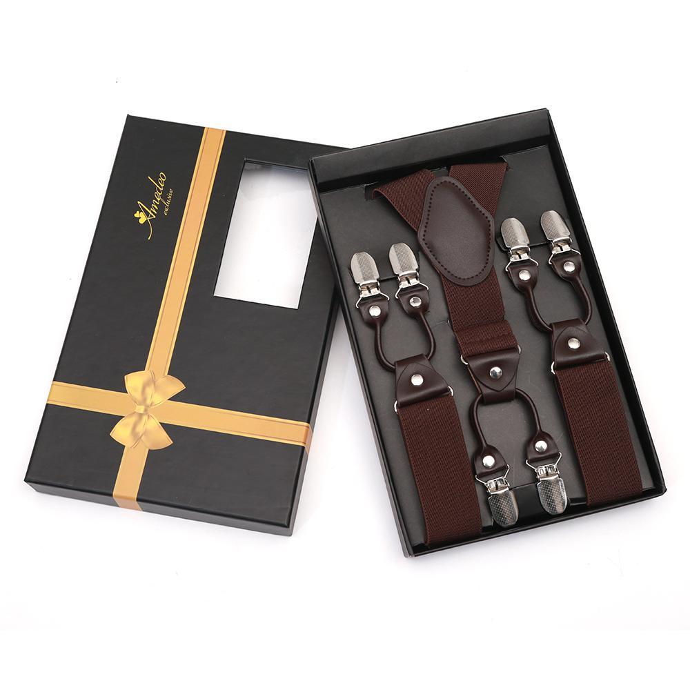 Men's Dual Clip Y Back Adjustable Strap Brown High Quality Premium Suspenders - Amedeo Exclusive