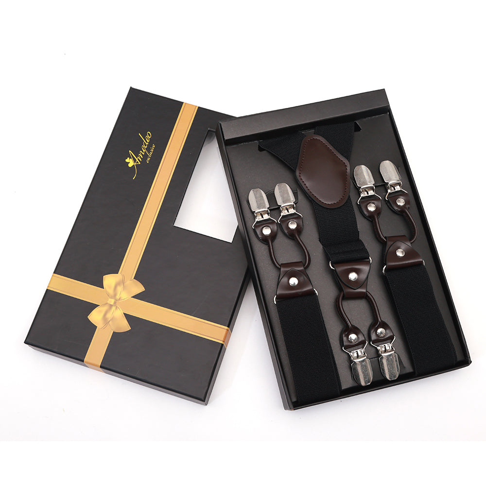 Men's Dual Clip Y Back Strap Solid Black High Quality Premium Suspenders - Amedeo Exclusive