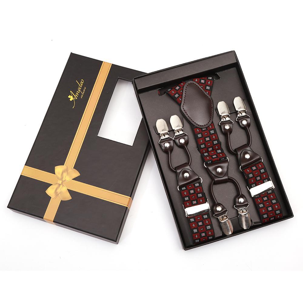 Men's Dual Clip Y Back - Strap Black & Red High Quality Premium Suspenders - Amedeo Exclusive
