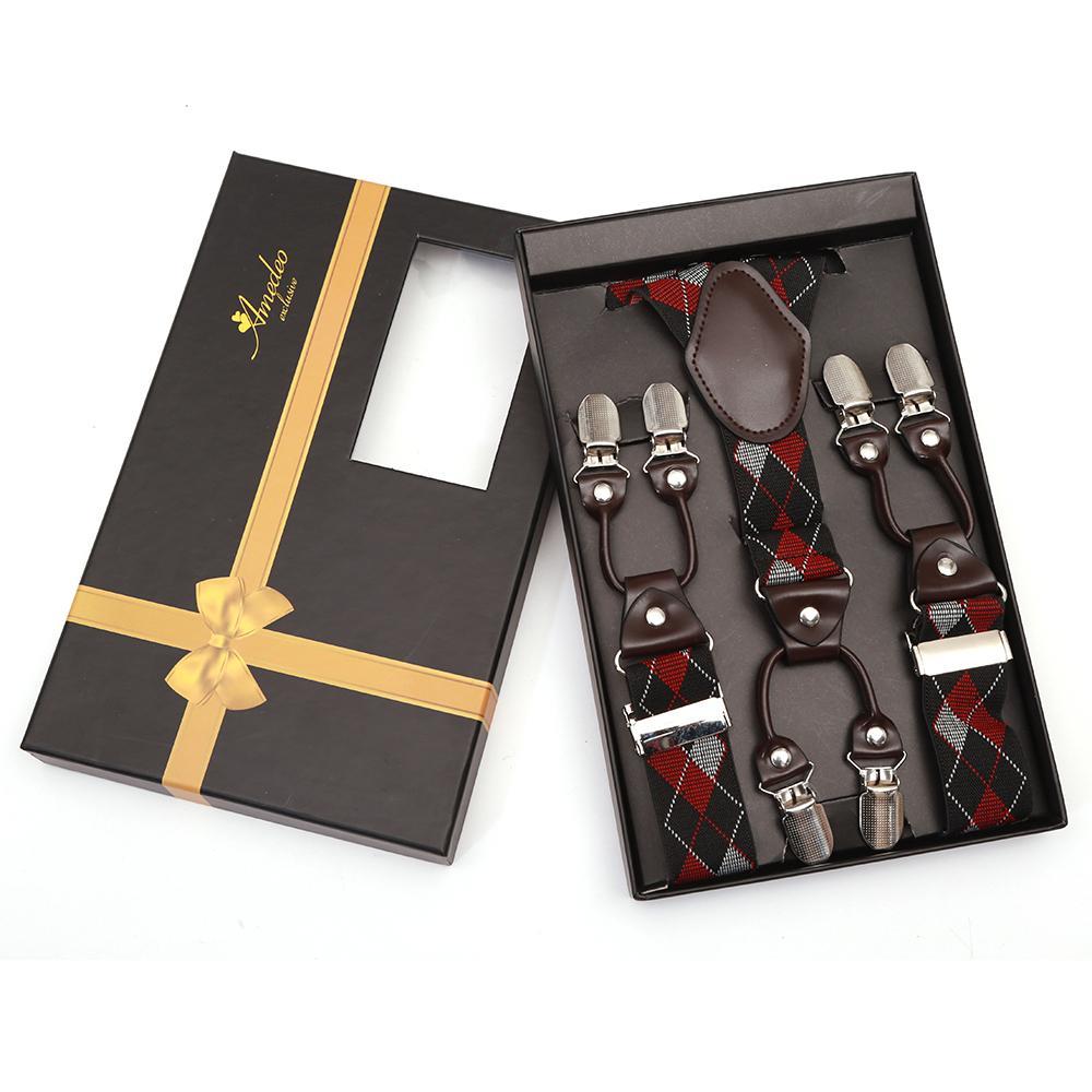 Men's Elastic Y Black Red Grey Strap Dual Clip on High Quality Premium Suspenders - Amedeo Exclusive